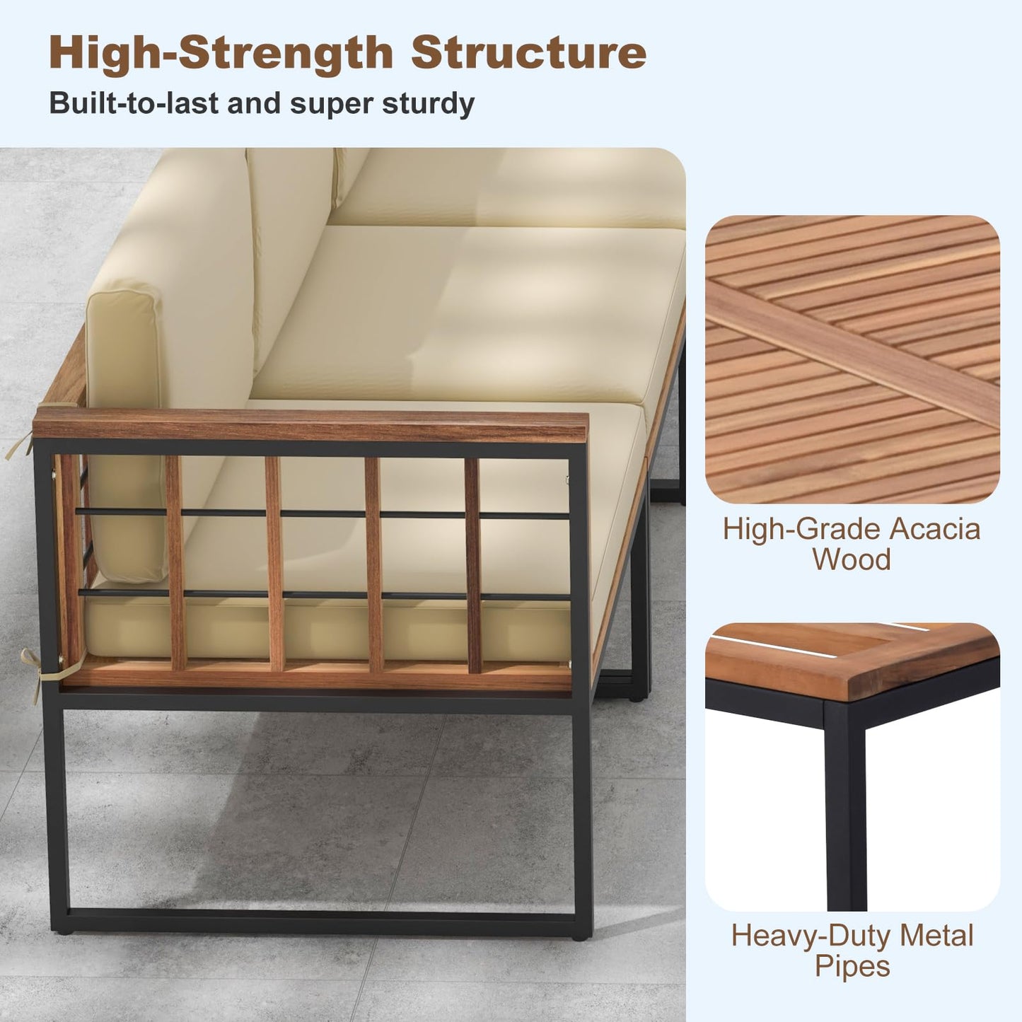 Tangkula 5 Piece Patio Furniture Set, Acacia Wood Sectional Set with Heavy-Duty Metal Frame, Comfy Seat & Back Cushions