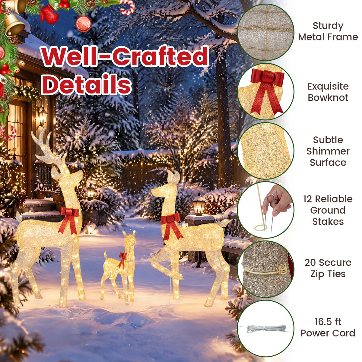 Tangkula 3-Piece Christmas Lighted Reindeer Family Set