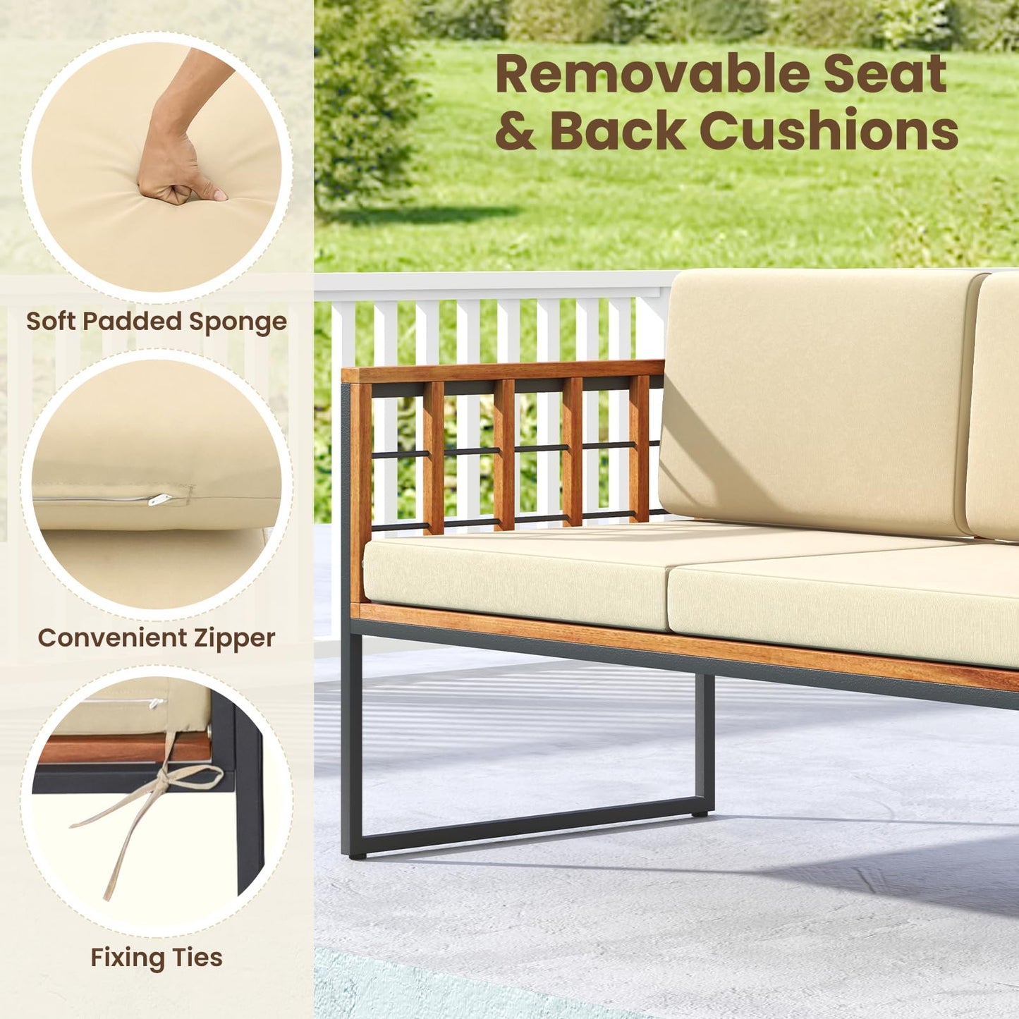 Tangkula Acacia Wood Outdoor Sofa Set, 4 Pieces Outdoor Furniture Set with Heavy Duty Metal Frame