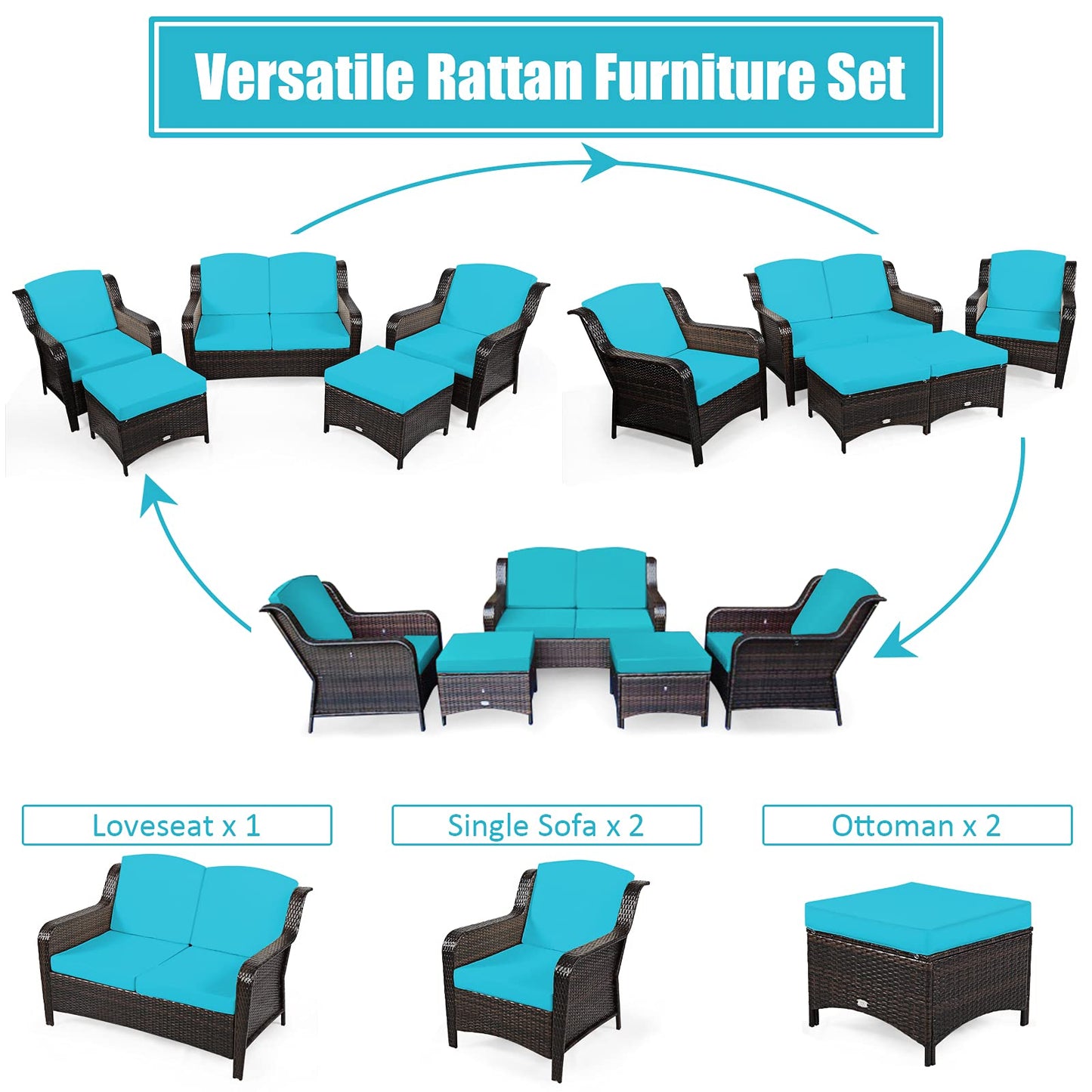 5 Pieces Patio Furniture Set, Outdoor Rattan Conversation Sofa Set with Loveseat