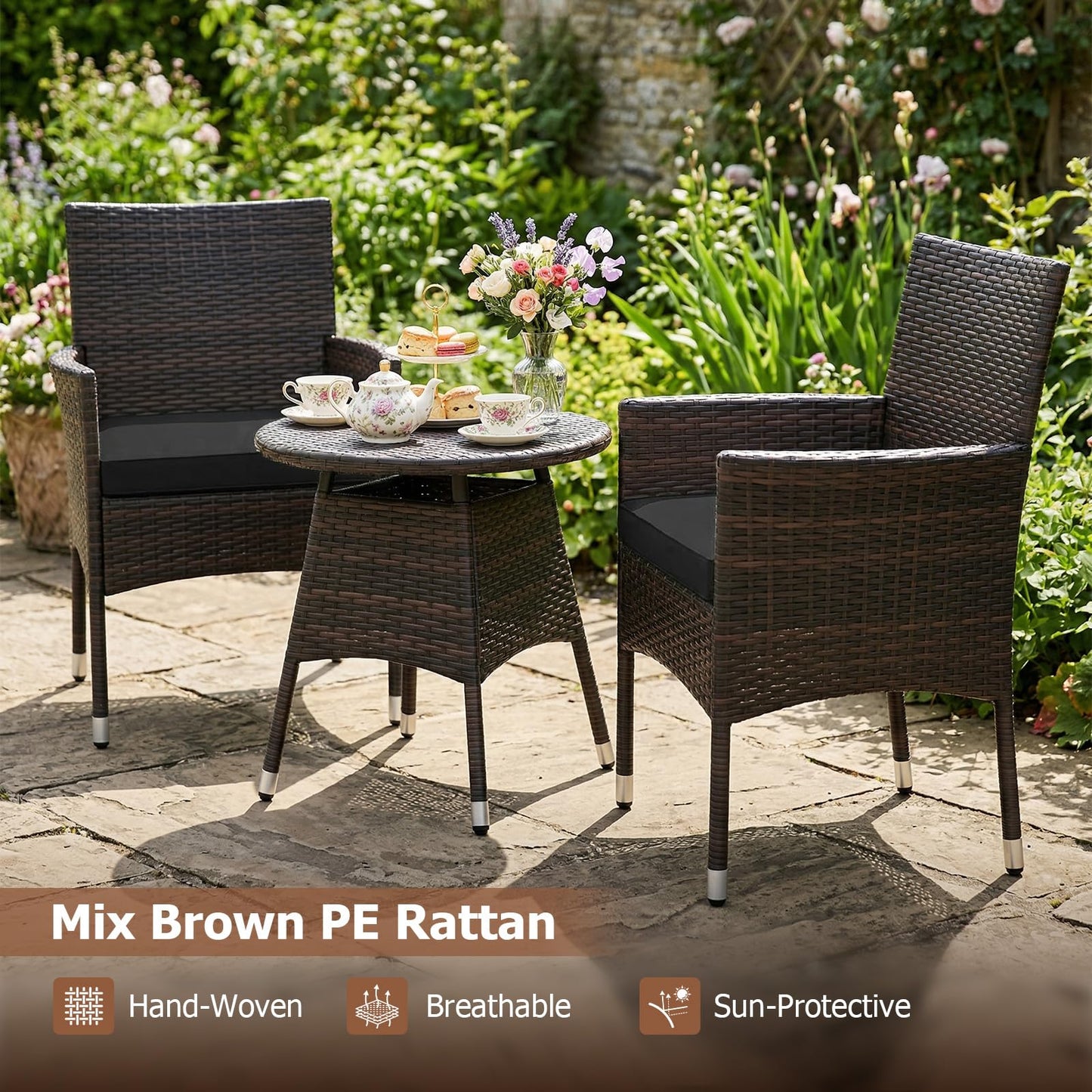 Tangkula 3 Piece Patio Furniture Set | Hand-Woven PE Wicker Conversation Set with Contoured Armchairs