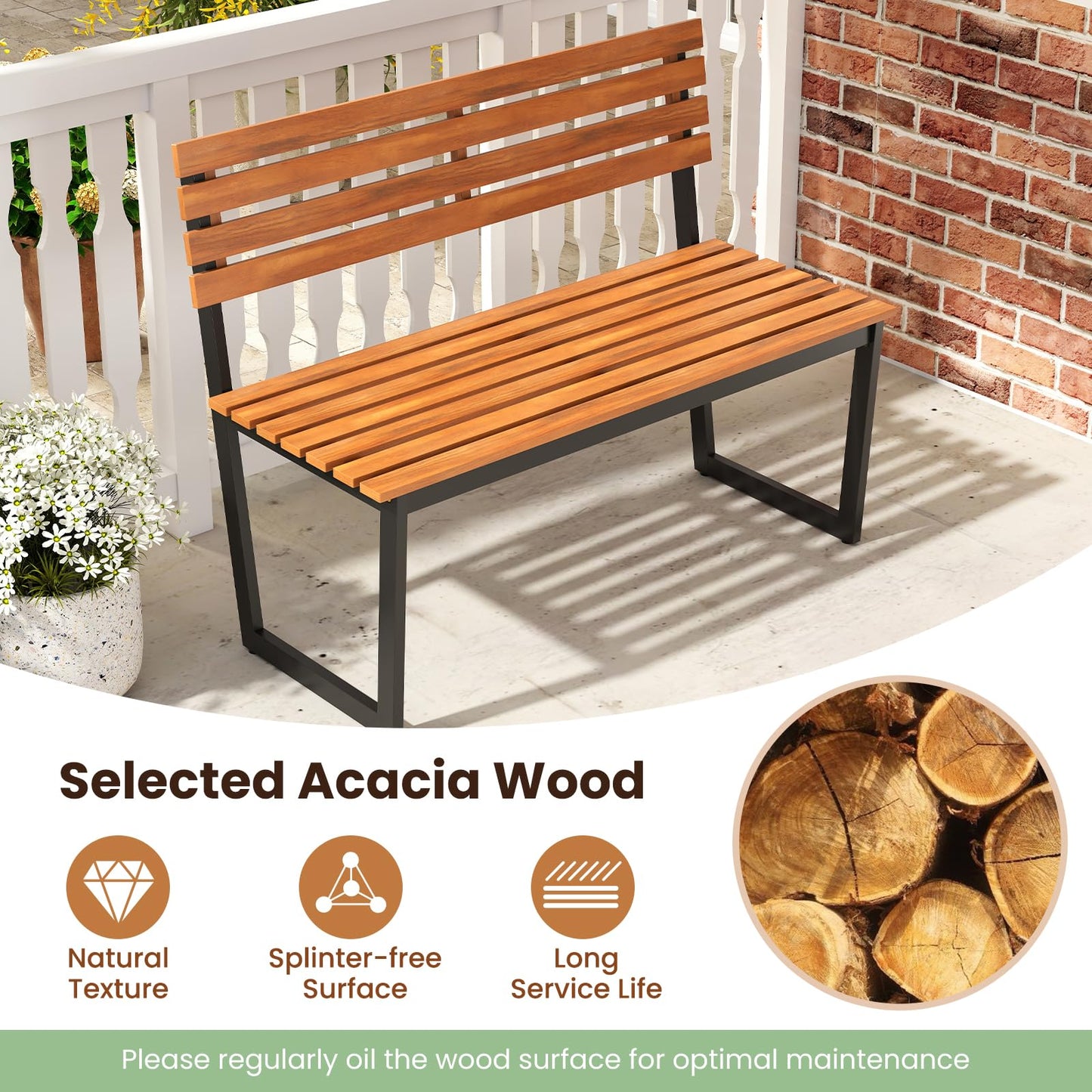 Banc d'extérieur en bois Tangkula 43" avec cadre métallique robuste