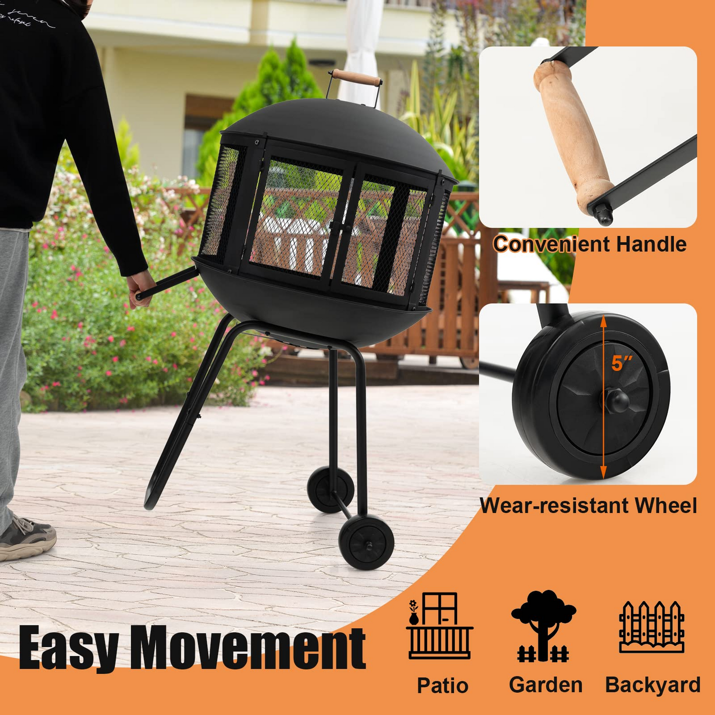 Tangkula Portable Fire Pit with Wheels, 28 Inch Wood Burning Fire Pit with Log Grate