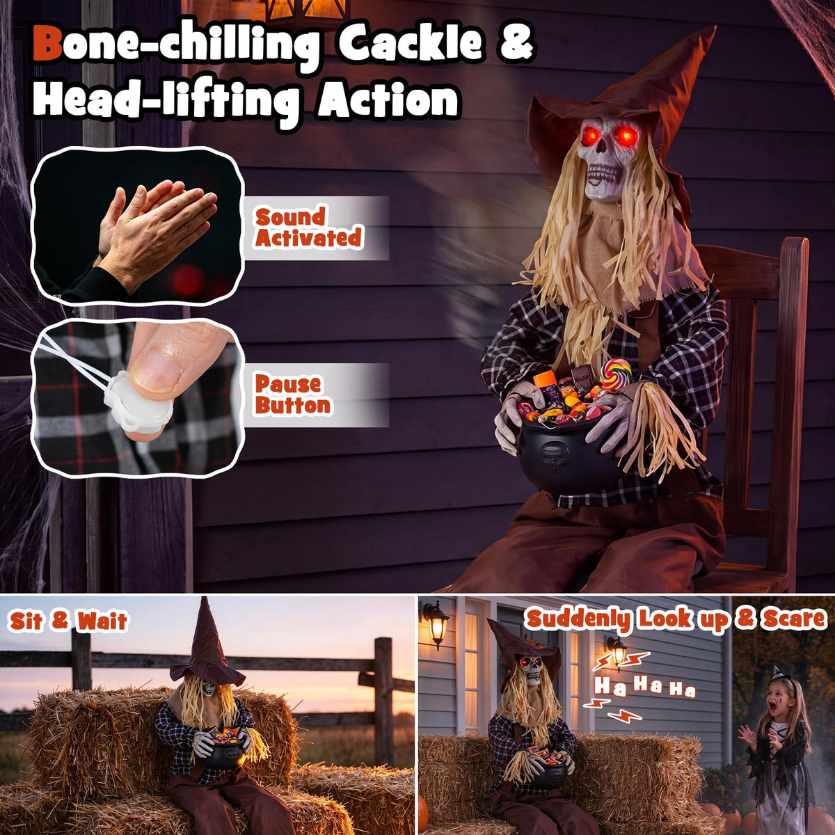Tangkula 4.4 FT Animated Halloween Sitting Scary Scarecrow Decoration