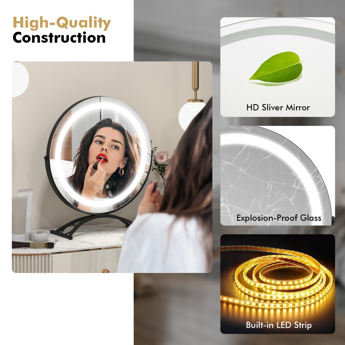 Tangkula Miroir de courtoisie de 16 po avec lumières, miroir de maquillage lumineux à LED à 3 couleurs à intensité variable avec écran tactile