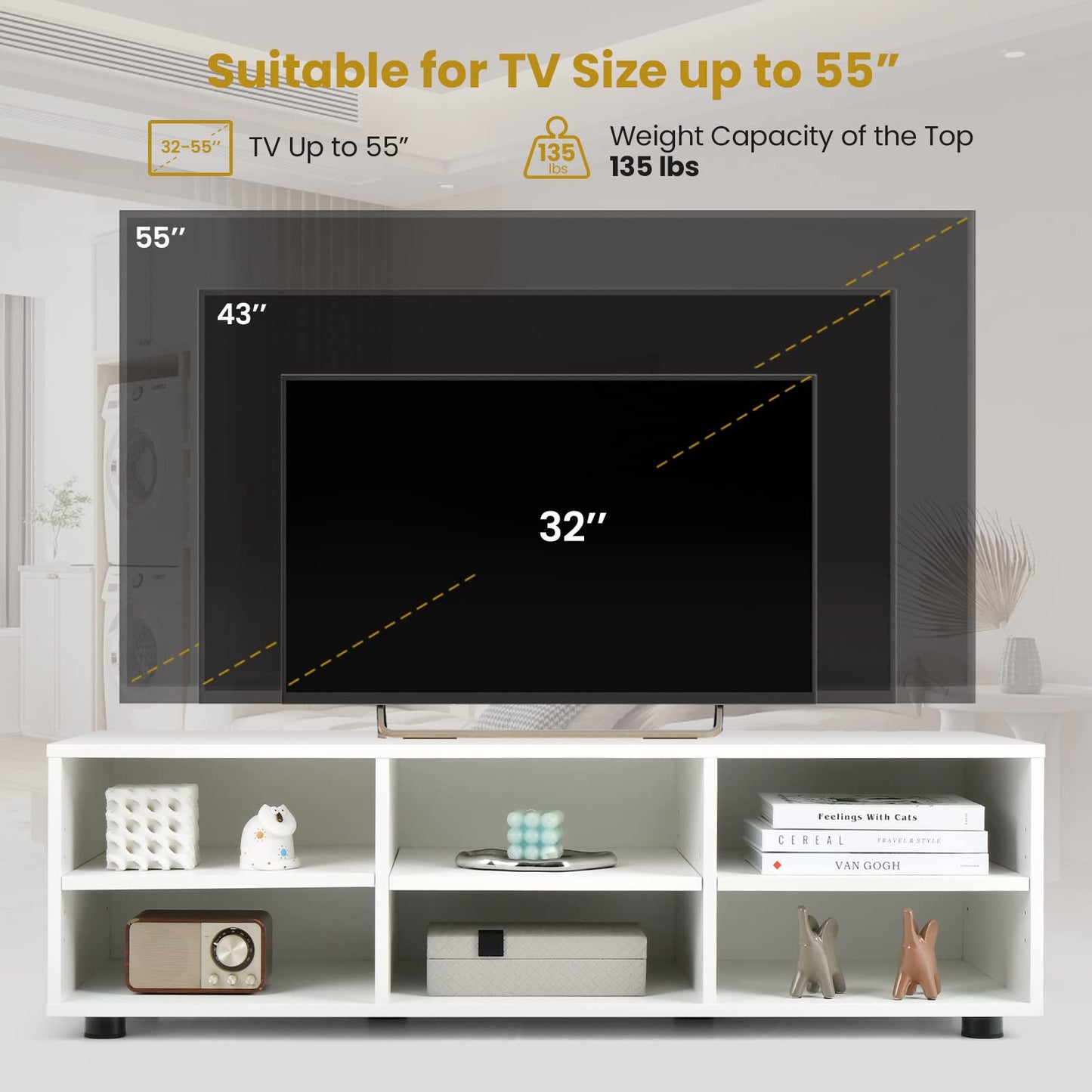 Tangkula 6 Cubby TV Stand for TVs up to 55 Inches, White Wood Entertainment Center with 6 Storage Cubbies & 5 Positions Adjustable Shelves