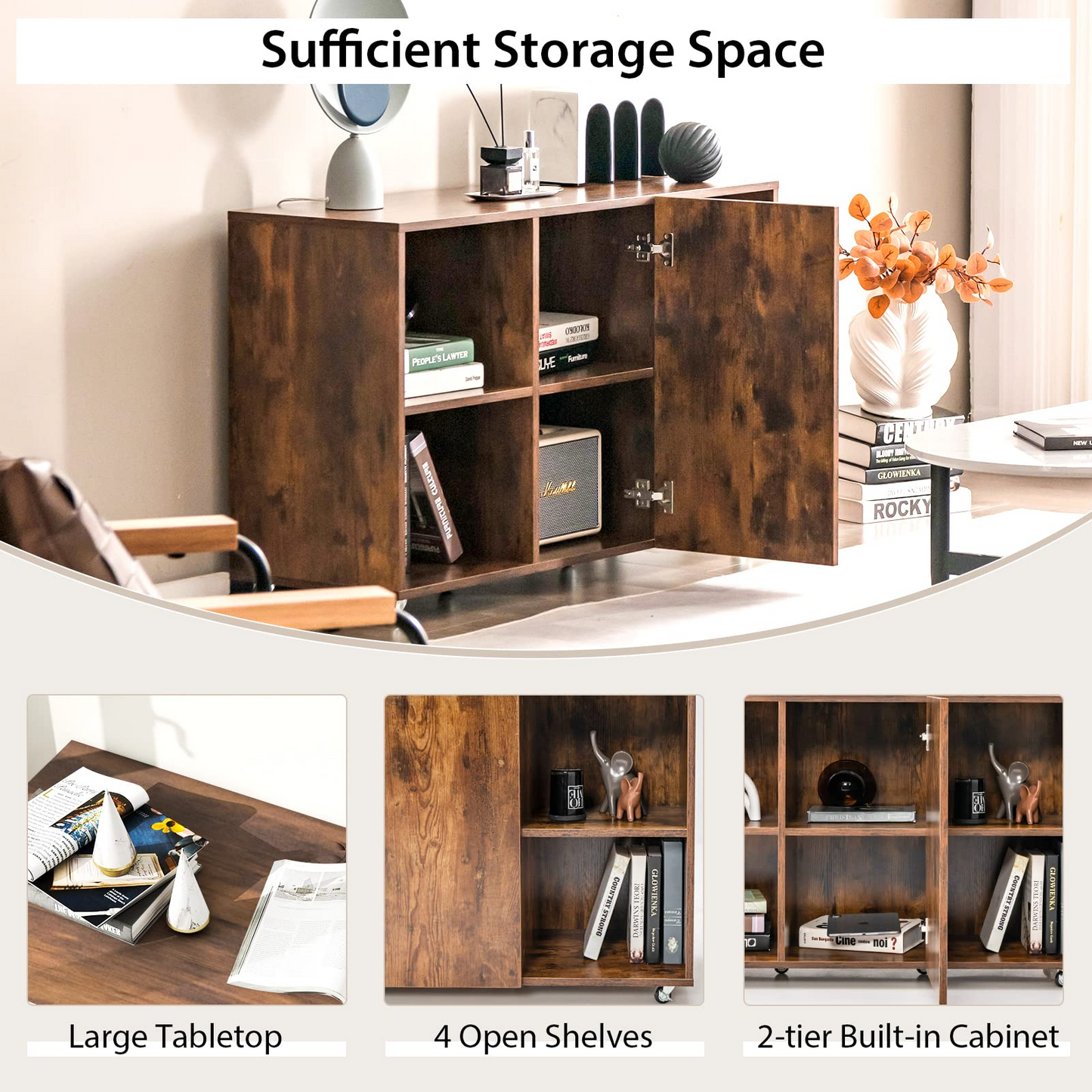 Tangkula Wood File Cabinet with Wheels, Mobile Storage Cabinet with 6 Compartments