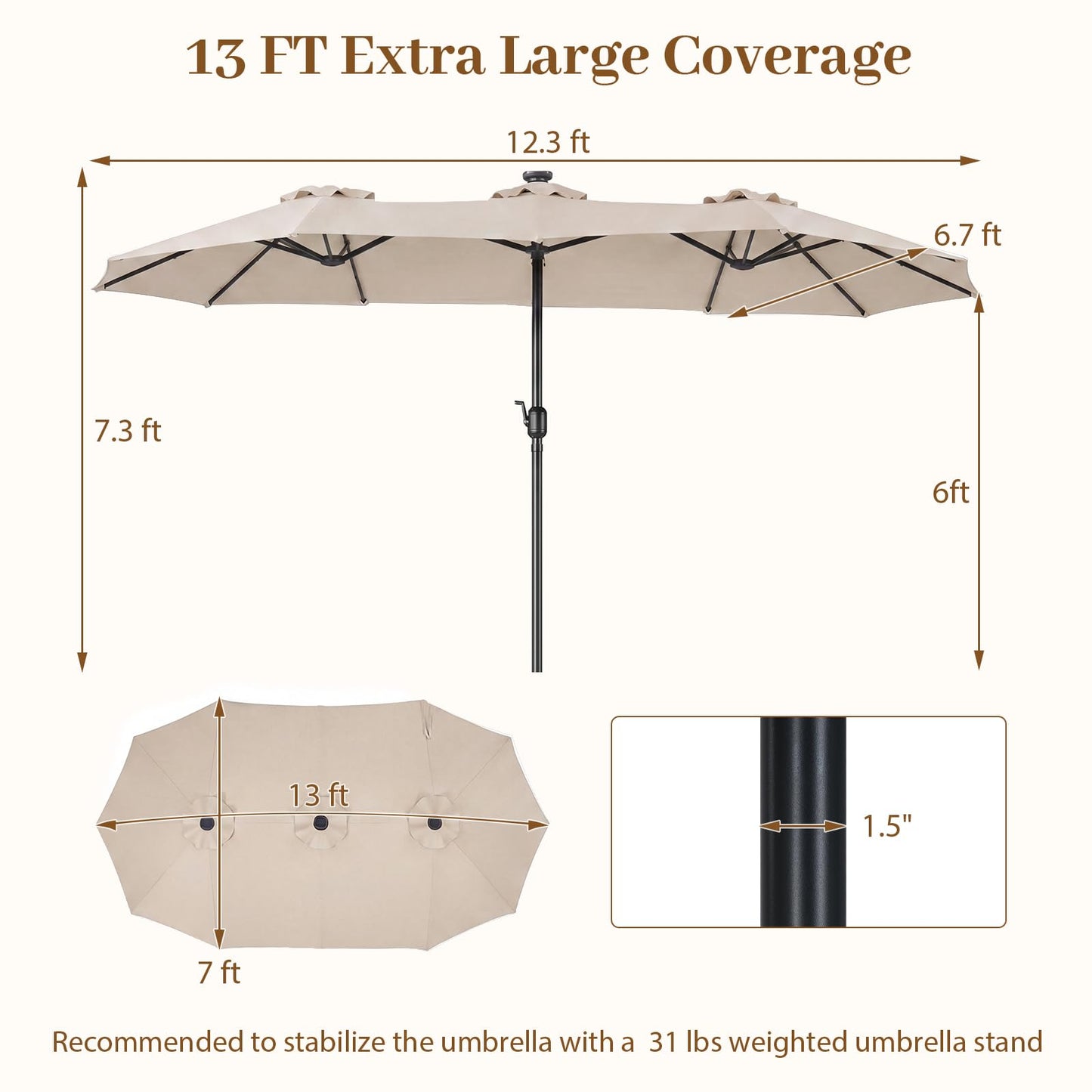 Tangkula 13 Ft Double-Sided Extra Large Outdoor Market Table Umbrella with 36 LED Lights