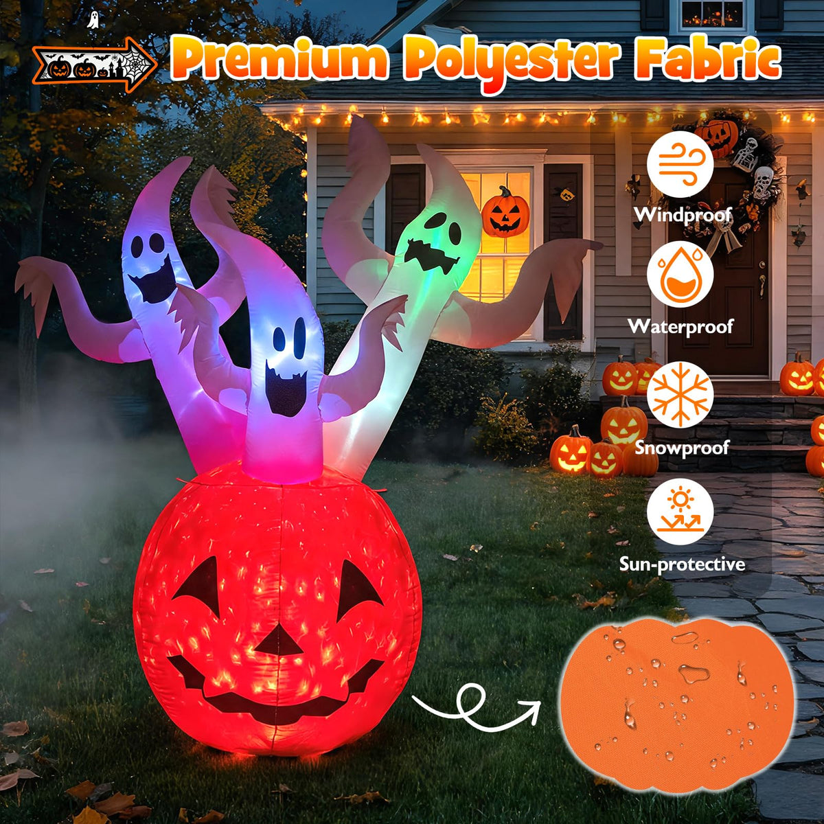 Tangkula 6 FT Halloween Lighted Inflatable 3 Ghosts in Pumpkin