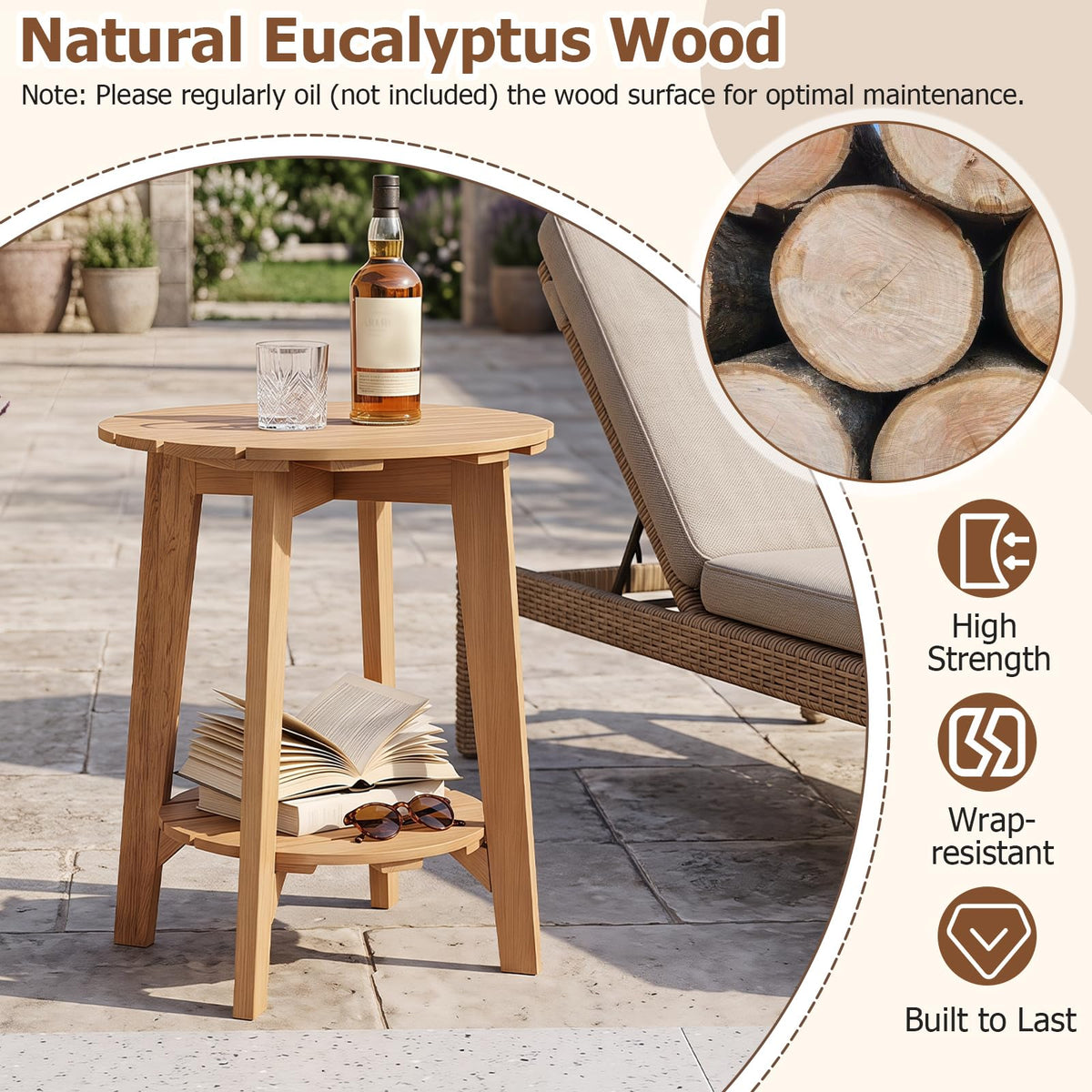 Tangkula Outdoor 2-Tier Eucalyptus Wood Side Table(1/2)
