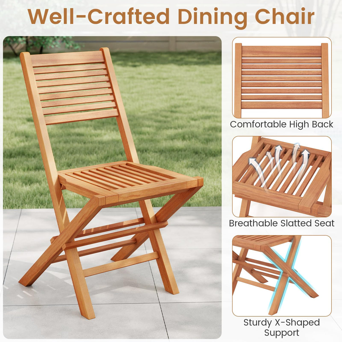 Tangkula Teak Wood Folding Patio Chairs Set of 2/4 ( Slatted Back )