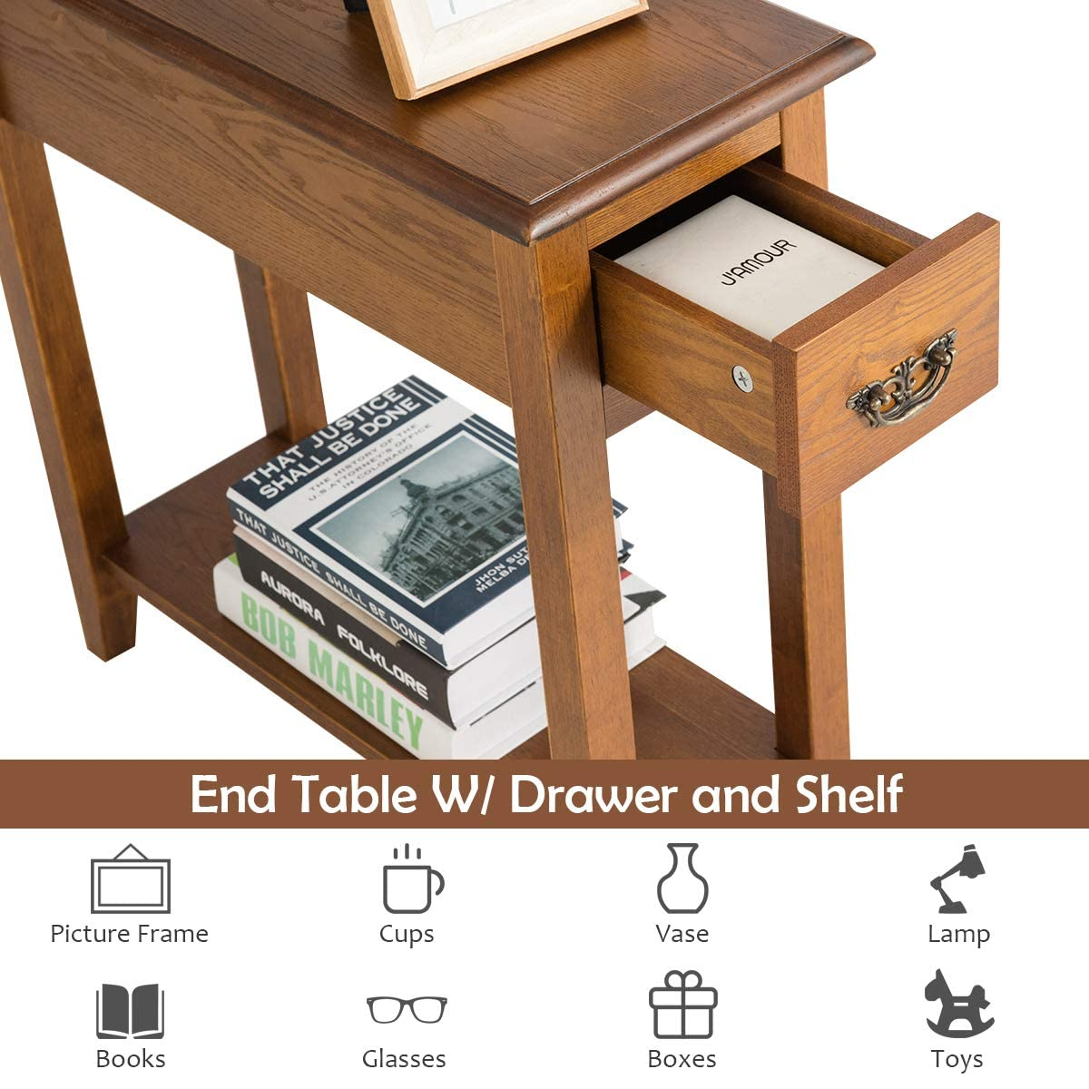 Tangkula Narrow End Table, Slim Side Table with Drawer and Open Shelf