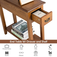 Tangkula Narrow End Table, Slim Side Table with Drawer and Open Shelf