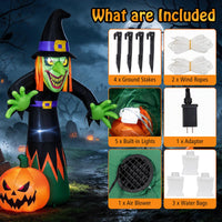 Tangkula 8 FT Halloween Inflatable Witch & Pumpkin with Built-in LED Lights