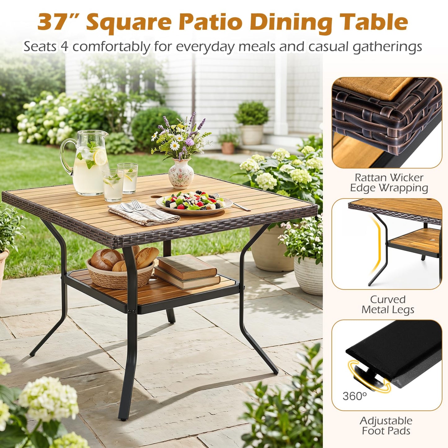 Tangkula 37" Square Wood Patio Dining Table for 4