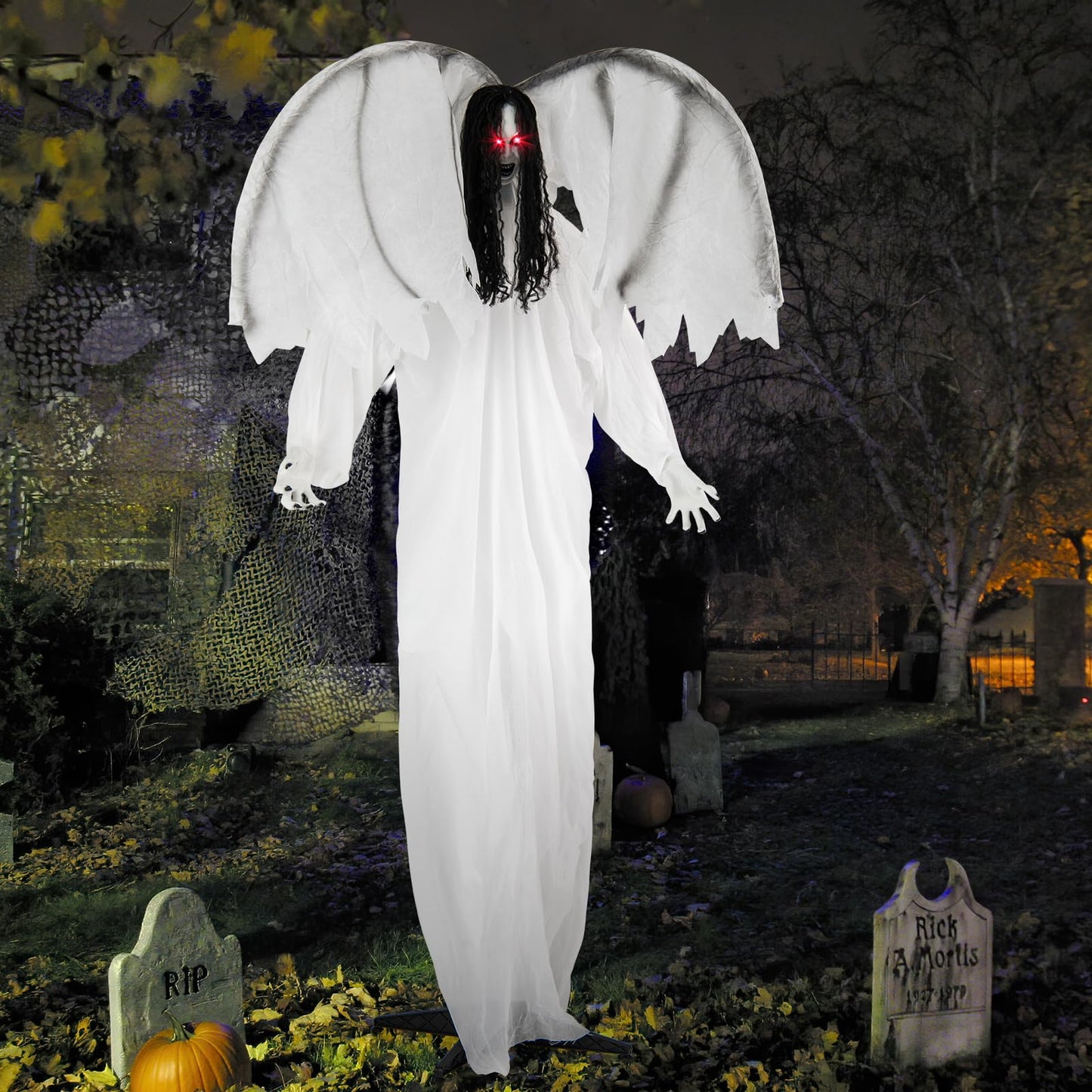 Tangkula 6.6 Feet Halloween Animatronic Standing Angel with Sound-Activated Light-up Eyes and Flapping Wings
