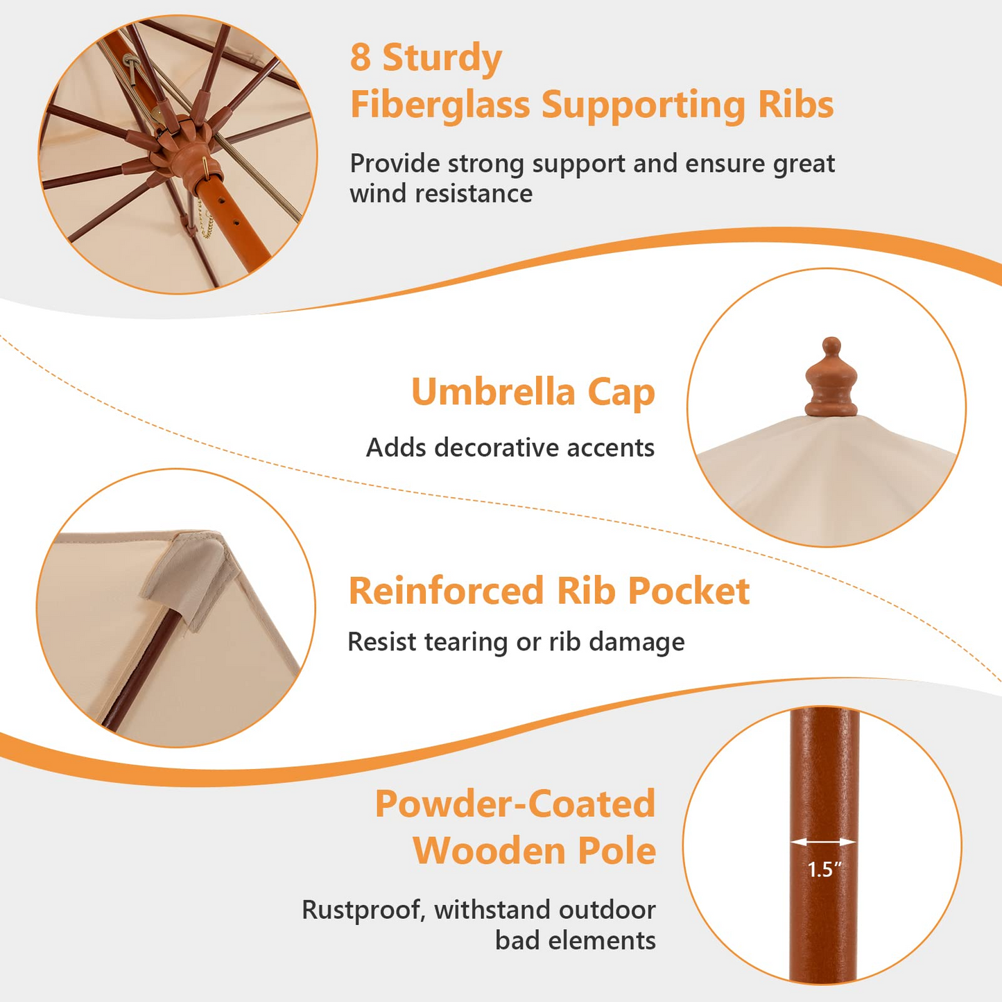 TANGKULA 9.5 FT Pulley Lift Round Patio Umbrella, Wooden Market Umbrella