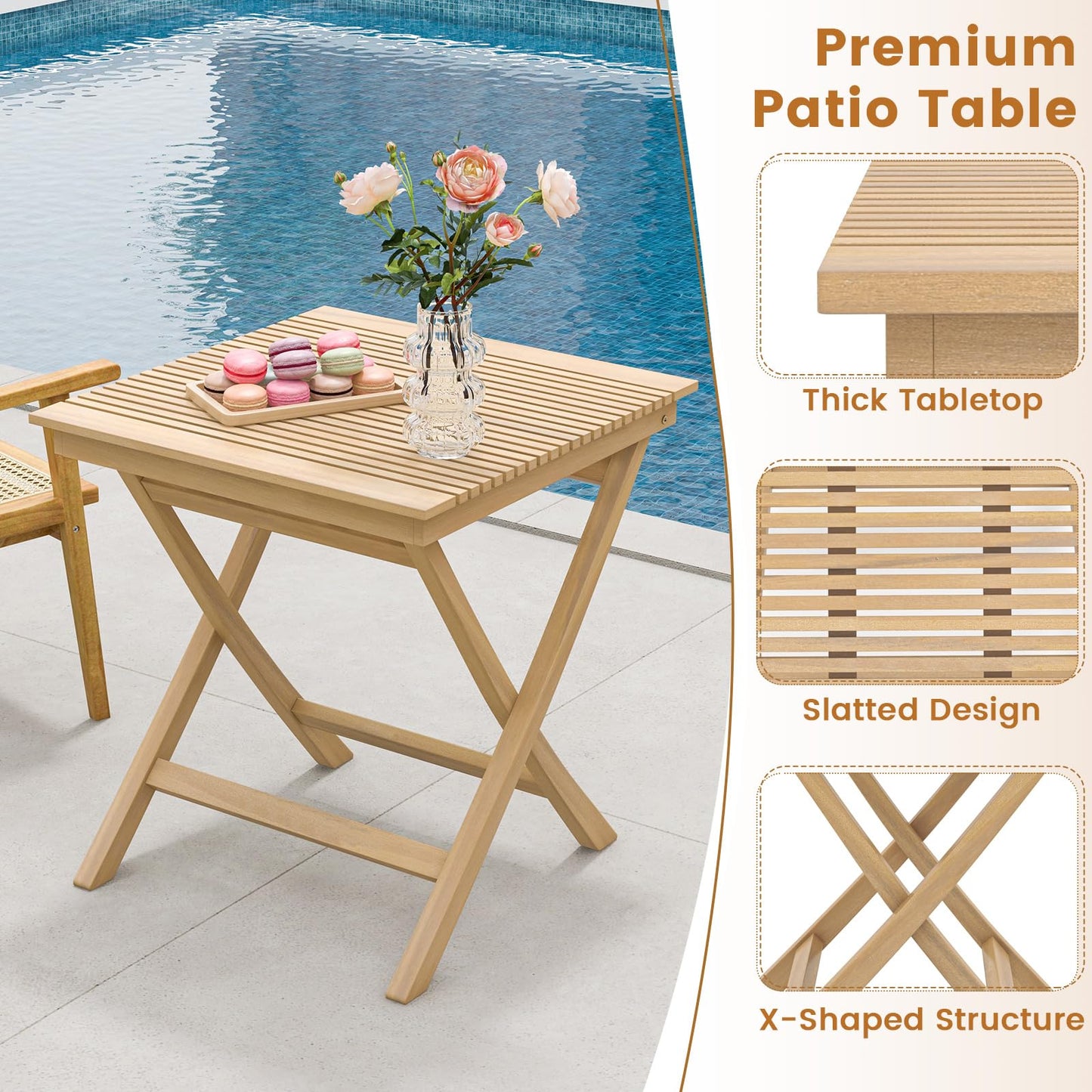 Tangkula 27.5 Inch Patio Bistro Table, Teak Wood Square Table with Slatted Tabletop
