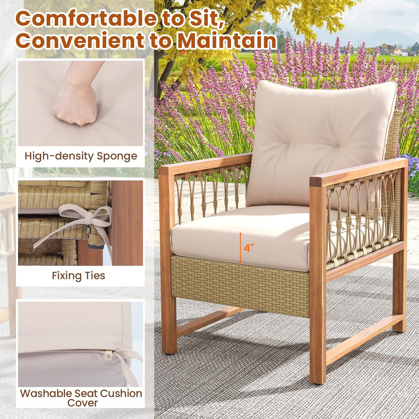 Tangkula 3 Pieces Patio Furniture Set, Outdoor PE Wicker Conversation Bistro Set with Acacia Wood Frame