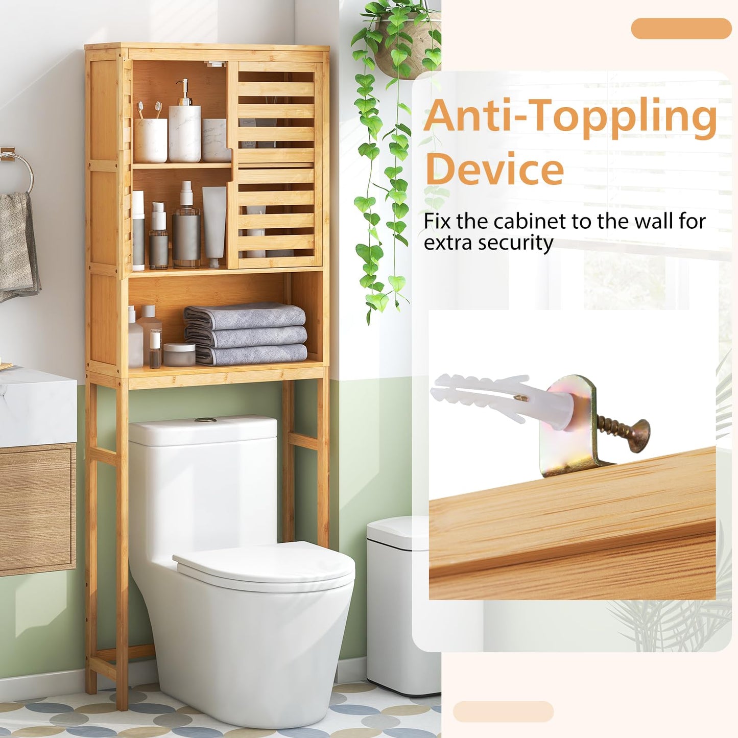 Tangkula Over The Toilet Storage Cabinet Tall Natural Bamboo Bathroom Shelf Over Toilet