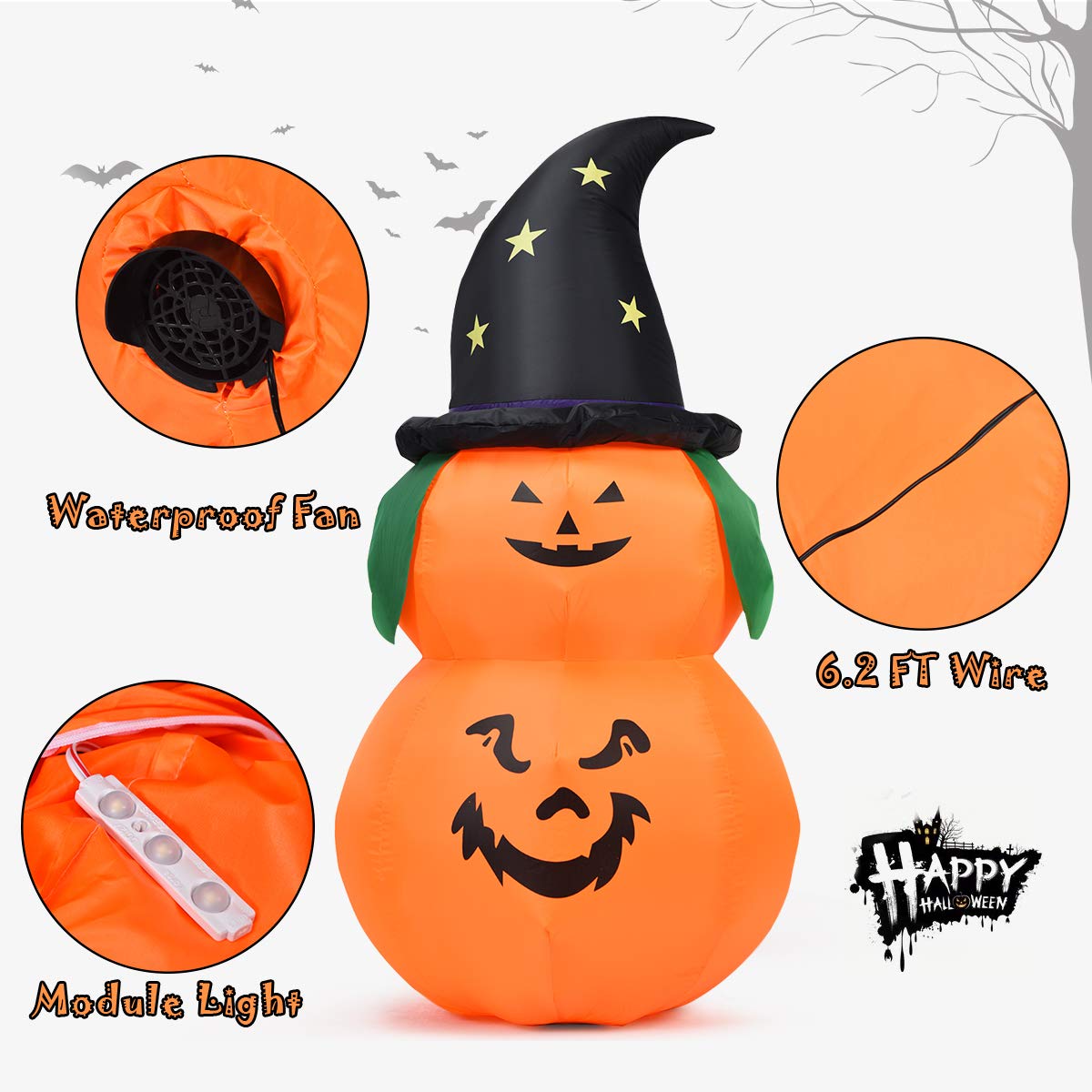 Tangkula 5 Ft Halloween Inflatable Pumpkin with Witch Hat