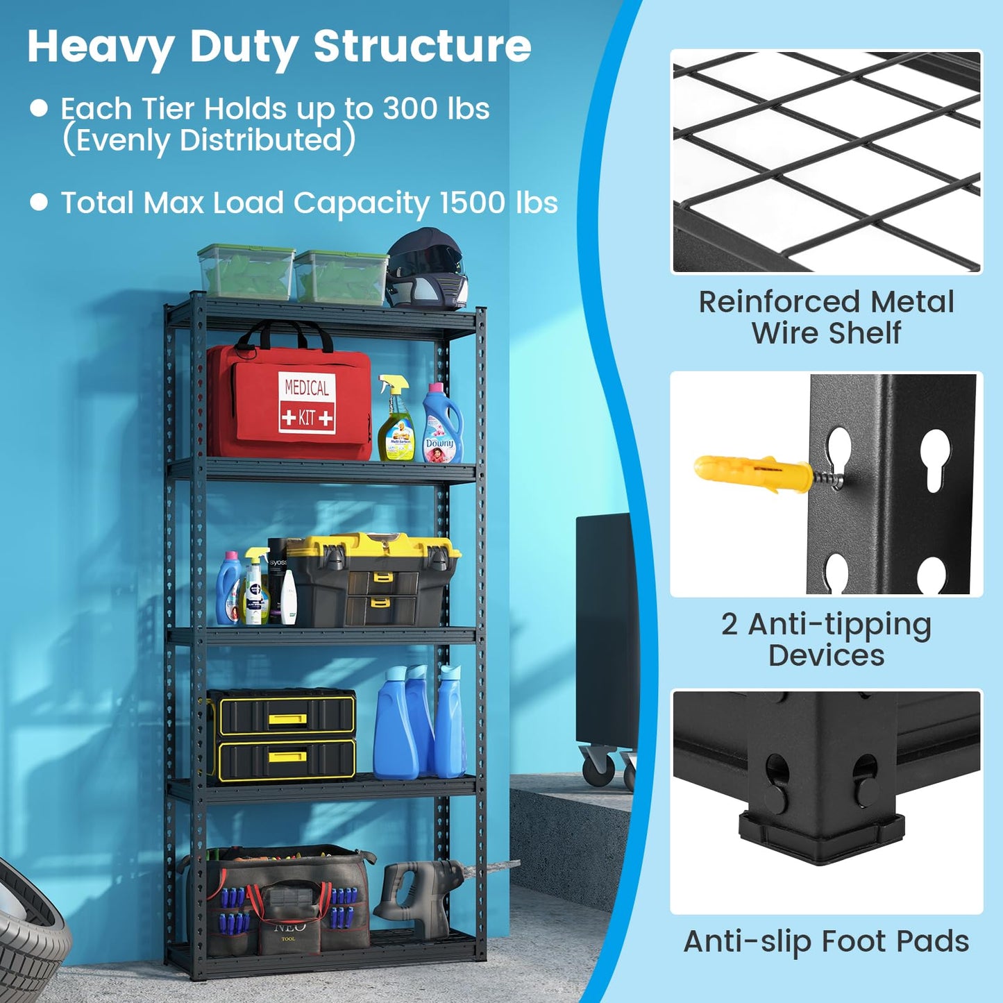 Tangkula 5-Tier Garage Storage Shelves, Heavy Duty Metal Storage Shelving Unit, 35.5" x 12" x 72"