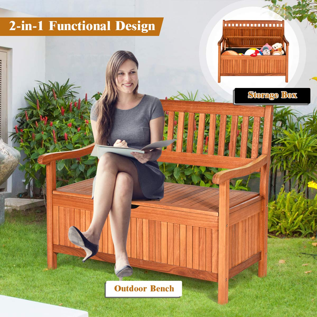 Tangkula Wooden Outdoor Storage Bench Large Deck Box (Natural)
