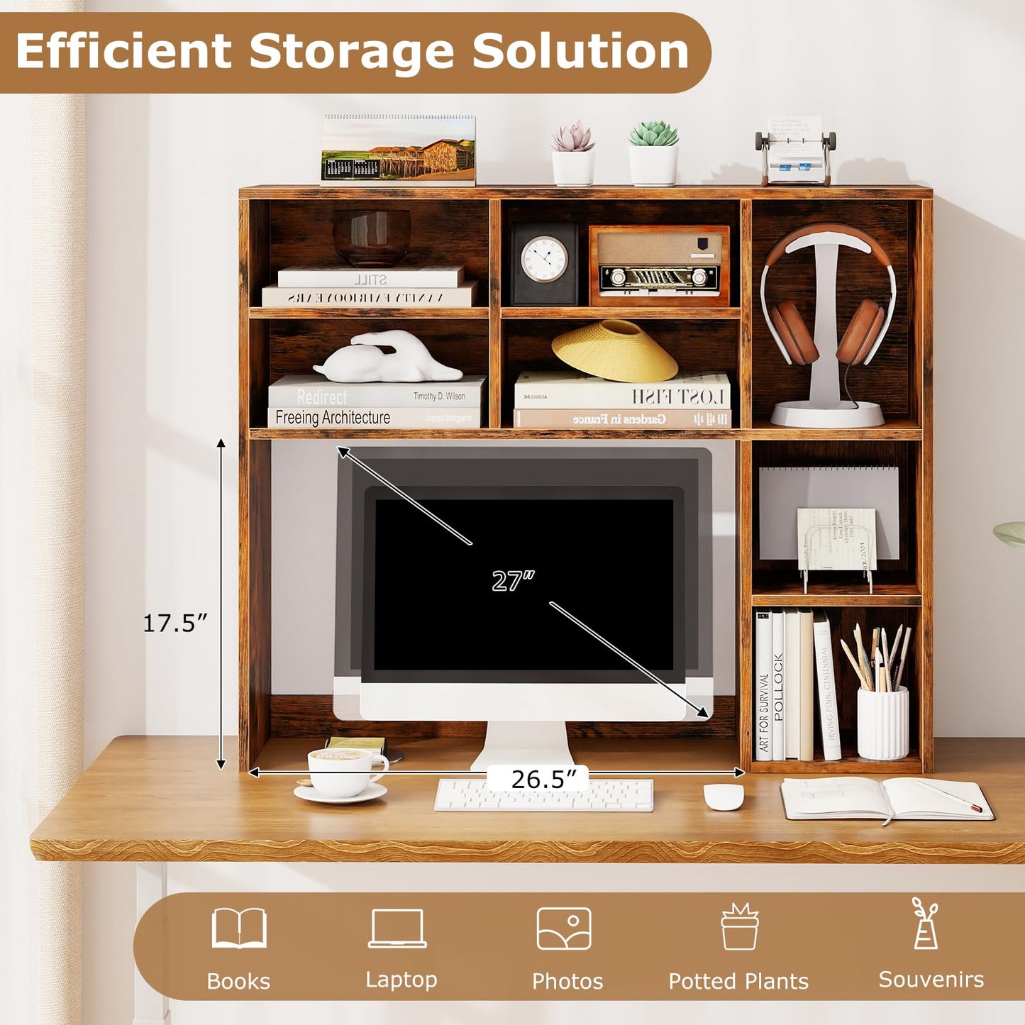 Tangkula Desktop Bookshelf 37" Countertop Storage Hutch with 7 Cubes & 3 Adjustable Shelves