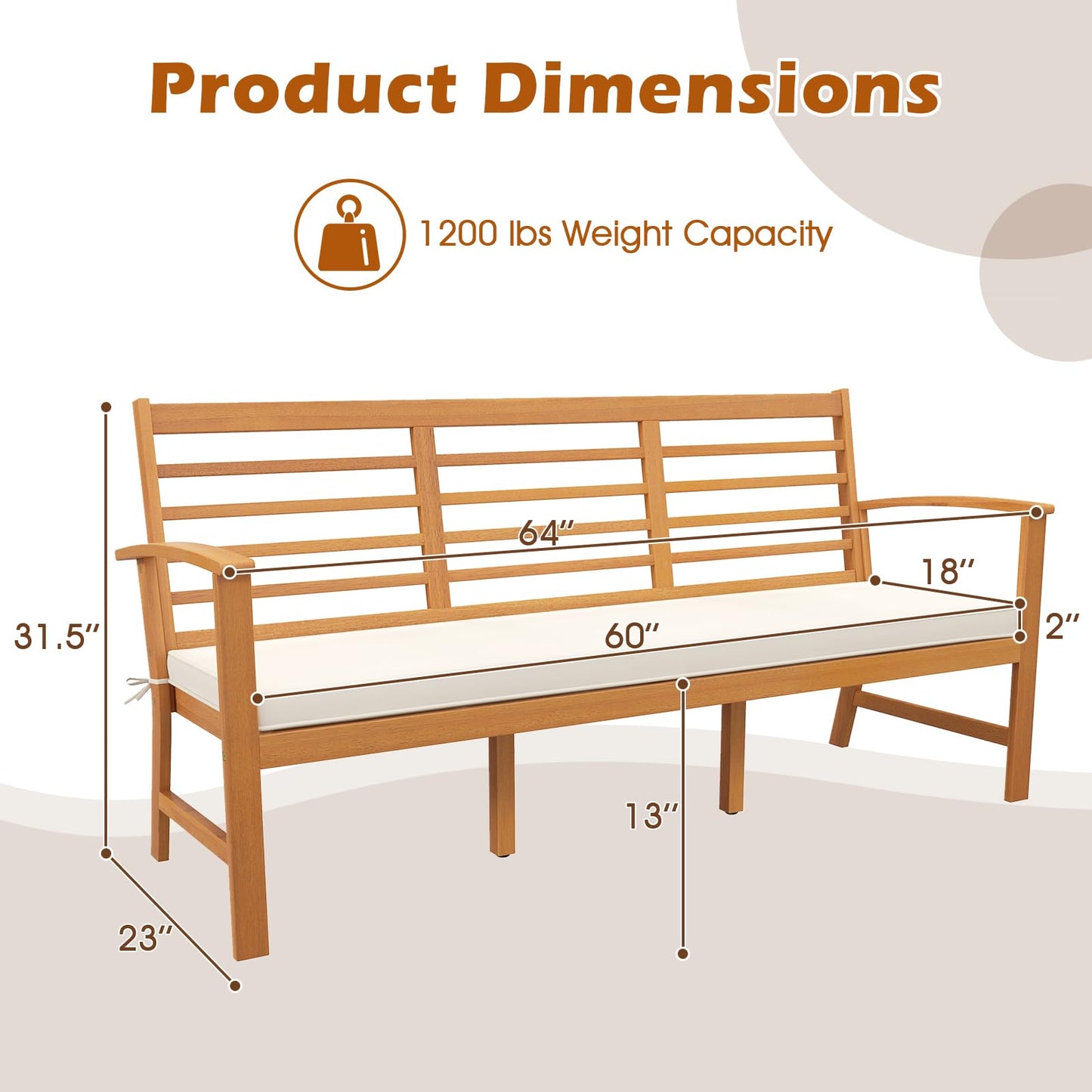 Tangkula Patio 64 Inch Wood Bench, 3-Seat Extra Long Acacia Chair w/Seat Cushion