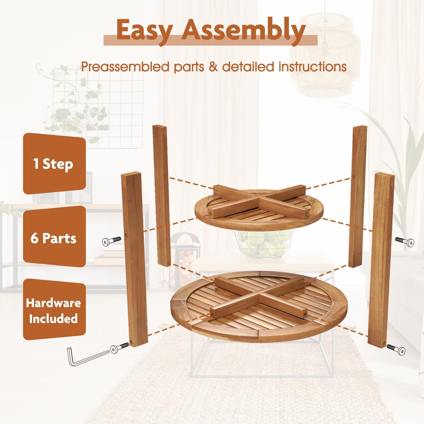 Tangkula Table d'appoint ronde d'extérieur, bois de teck, table d'appoint de patio de 49,5 cm avec étagère de rangement à lattes