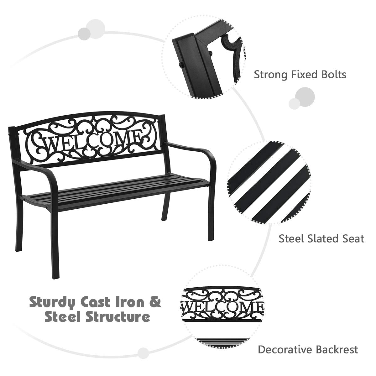 Outdoor Steel Garden Bench Park Bench, 50 Inch Patio Welcome Bench with Slated Seat & Floral Design Backrest