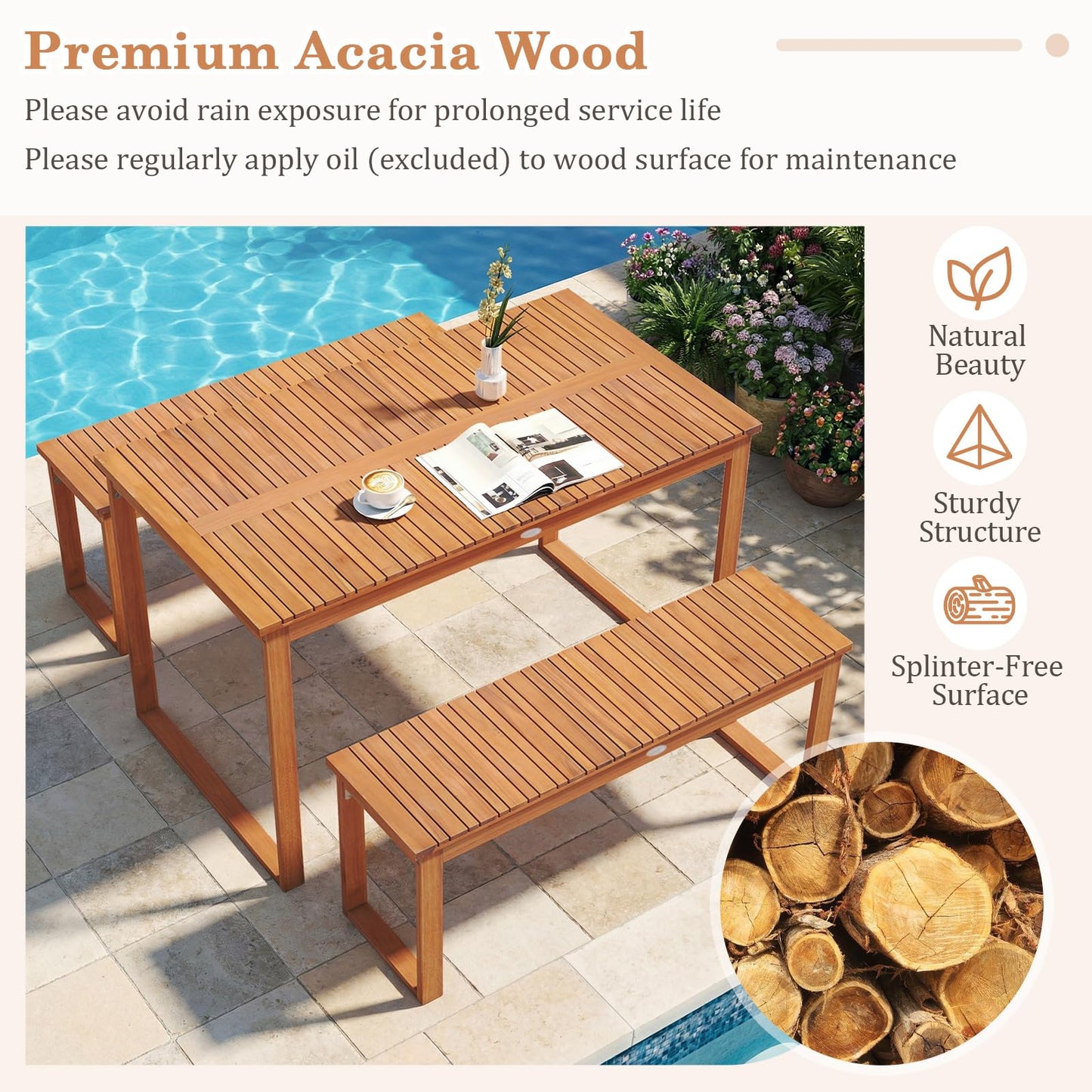 Tangkula 49" x 27.5" Acacia Wood Patio Dining Table for 4-6 Slatted Tabletop