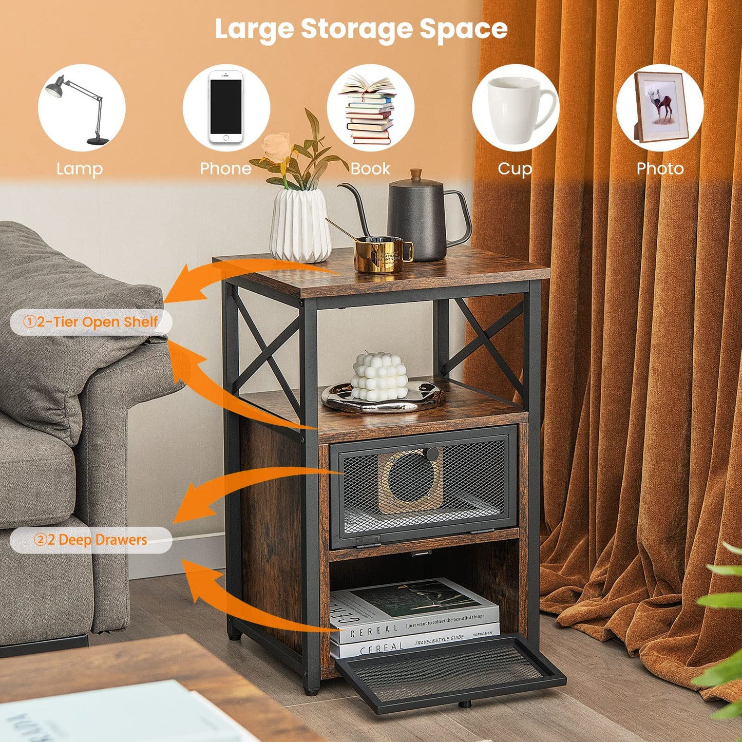 Tangkula Table d'appoint de canapé industrielle polyvalente avec étagère de rangement ouverte et 2 tiroirs basculants