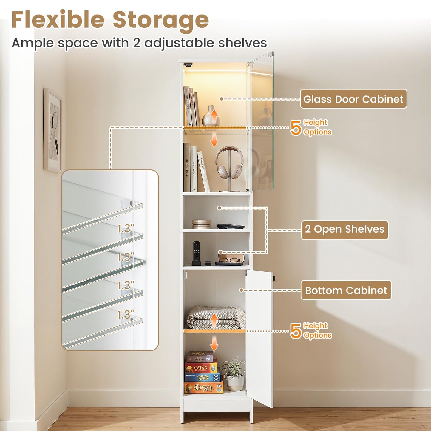 Tangkula Tall Bathroom Storage Cabinet with Lights and Remote