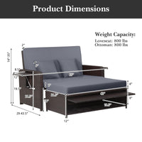 Outdoor PE Wicker Loveseat with Storage Ottoman & Folding Side Tray - Grey
