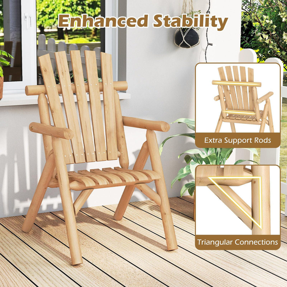 Tangkula Log Wood Patio Chair with Slatted Backrest