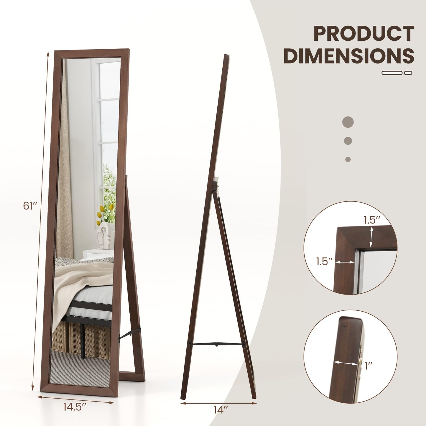 Tangkula Full Length Mirror with Stand, Solid Wood Frame Floor Mirror, Free Standing Full Body Mirror