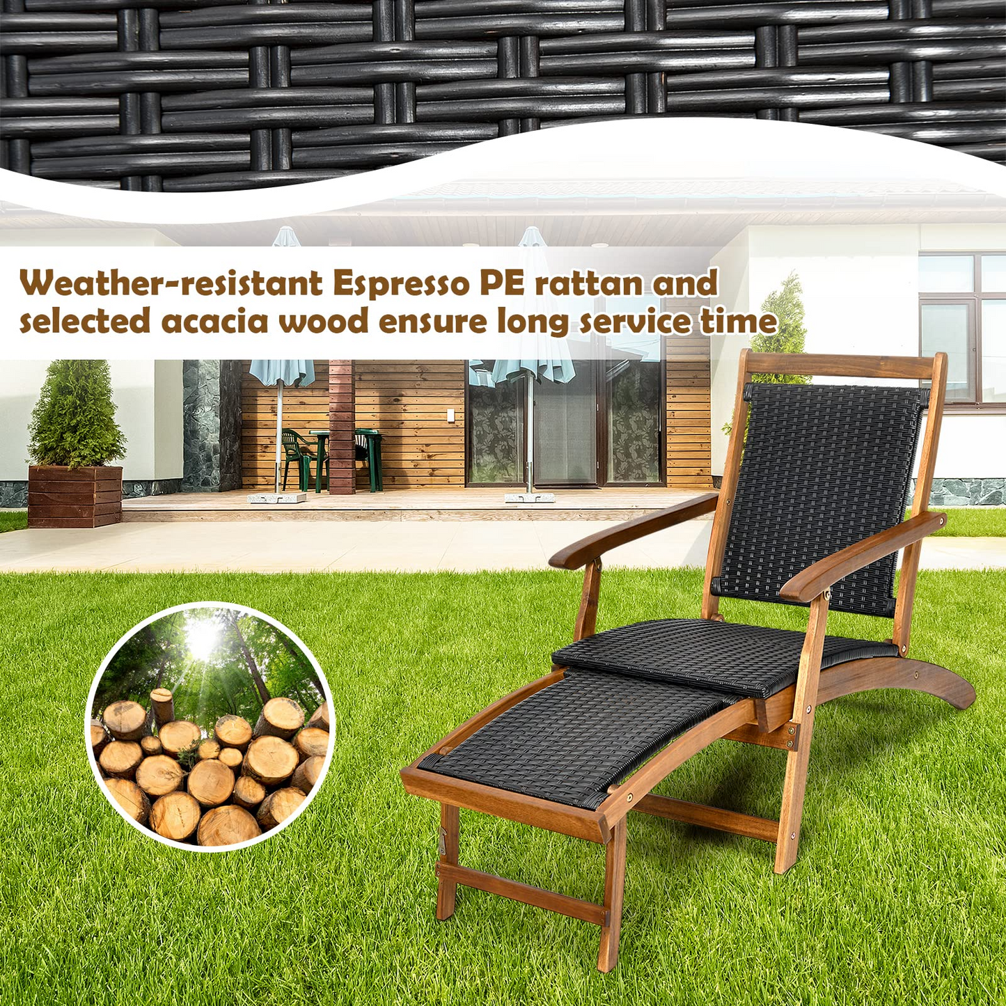 Acacia Wood Folding Chaise Lounge Chair - Tangkula