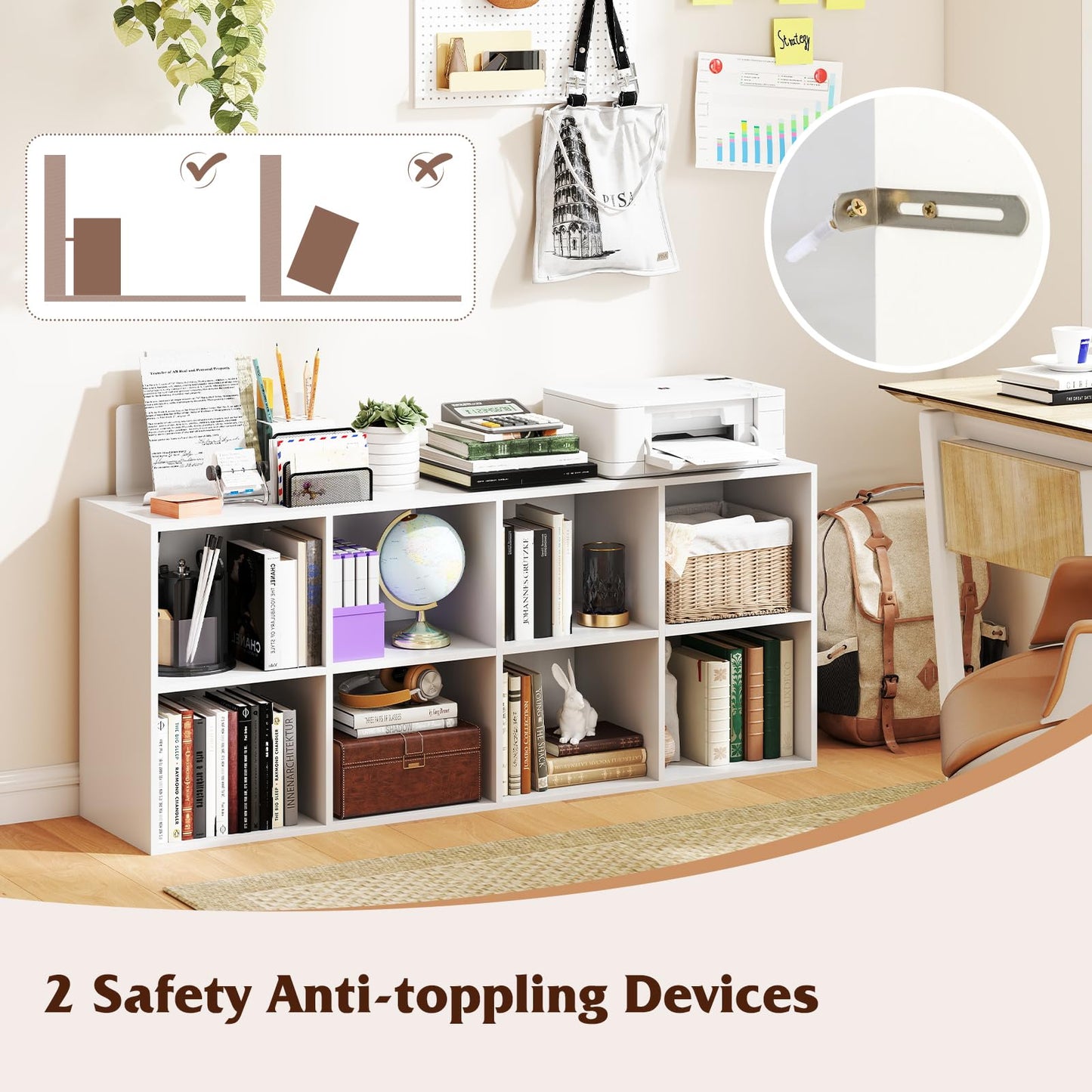 Grande bibliothèque horizontale sur pied Tangkula avec 8 étagères ouvertes et 2 kits anti-basculement