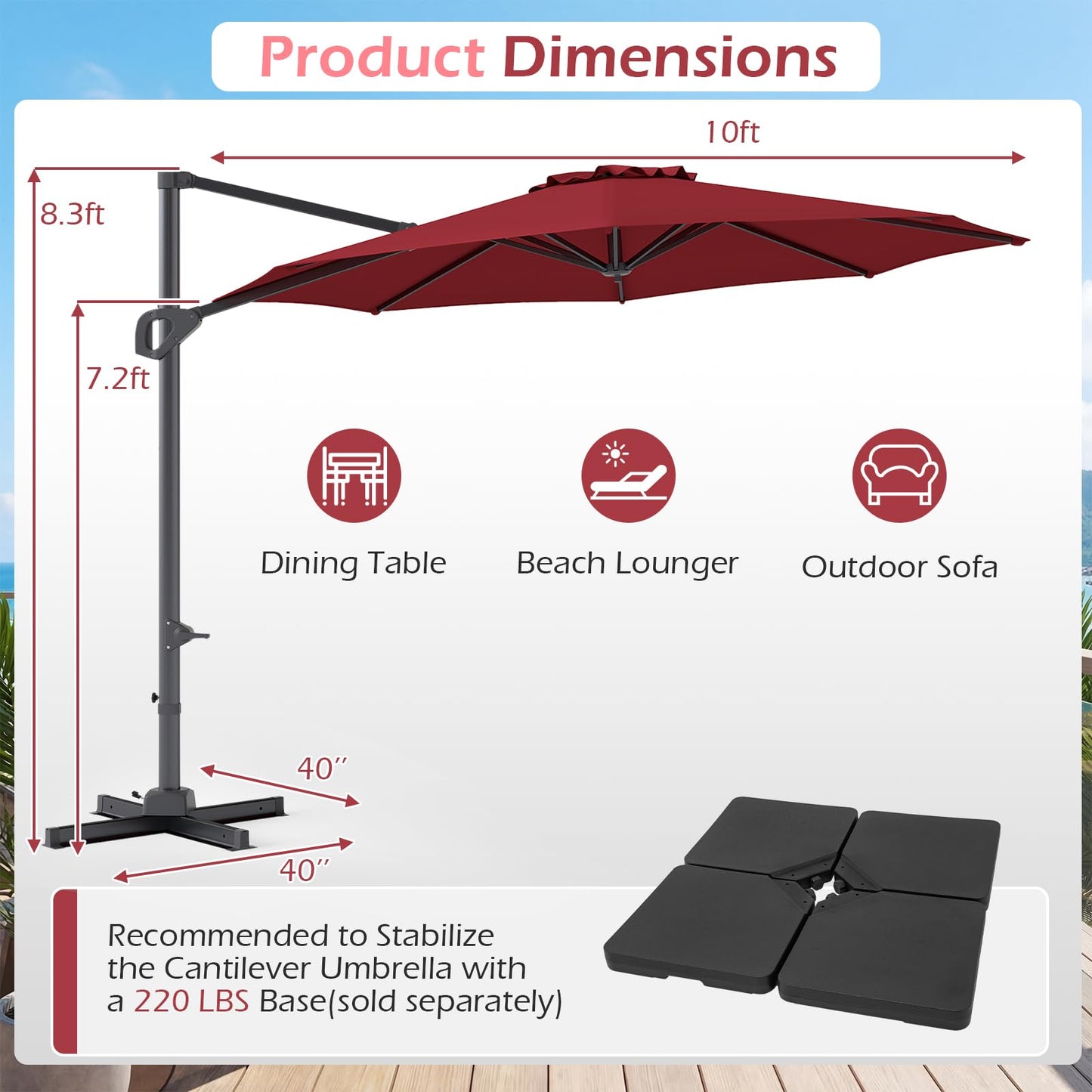 Tangkula 10ft Patio Umbrella Offset Cantilever Outdoor Umbrella(10 x 10 x 8.3 ft)