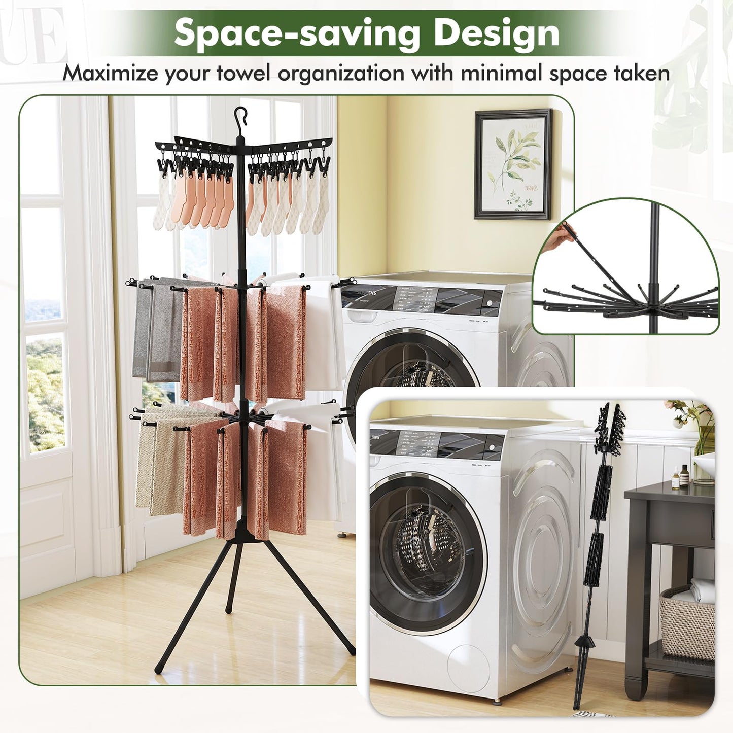 Tangkula 70"H 3-Tier Portable and Foldable Drying Rack with 32 Rods