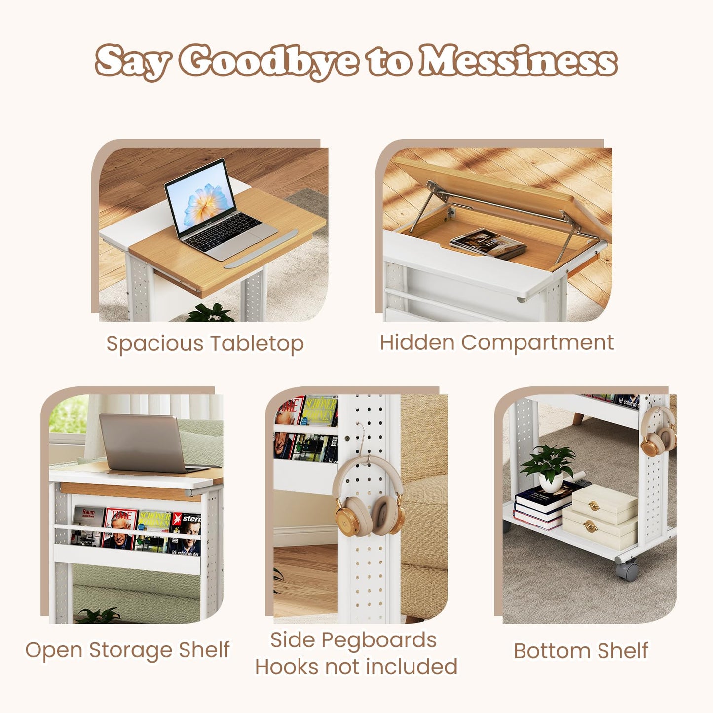 Tangkula Rolling Computer Desk Cart with Tilting Tabletop for Living Room Bedroom