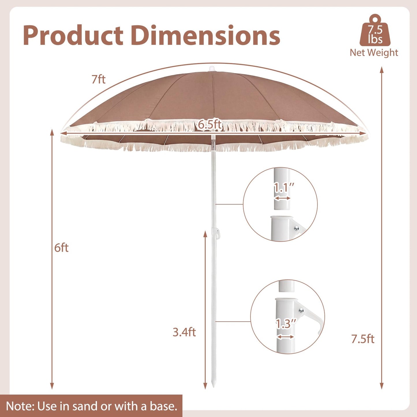 Tangkula 7FT Beach Umbrella with Fringe