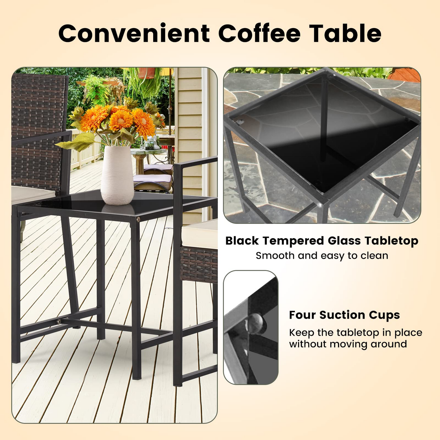 Tangkula 3 Piece Patio Furniture Set, Modern Heavy Duty All Weather Cushioned Wicker Chairs and Coffee Table Set