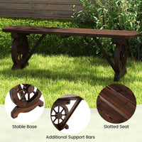 Banc en bois rustique Tangkula pour patio, banc long en bois carbonisé avec base en roue de chariot, siège à lattes