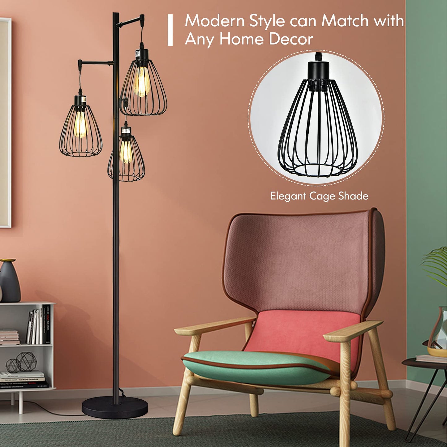 Tangkula Industrial Floor Lamp with 3 Hanging Lampshades