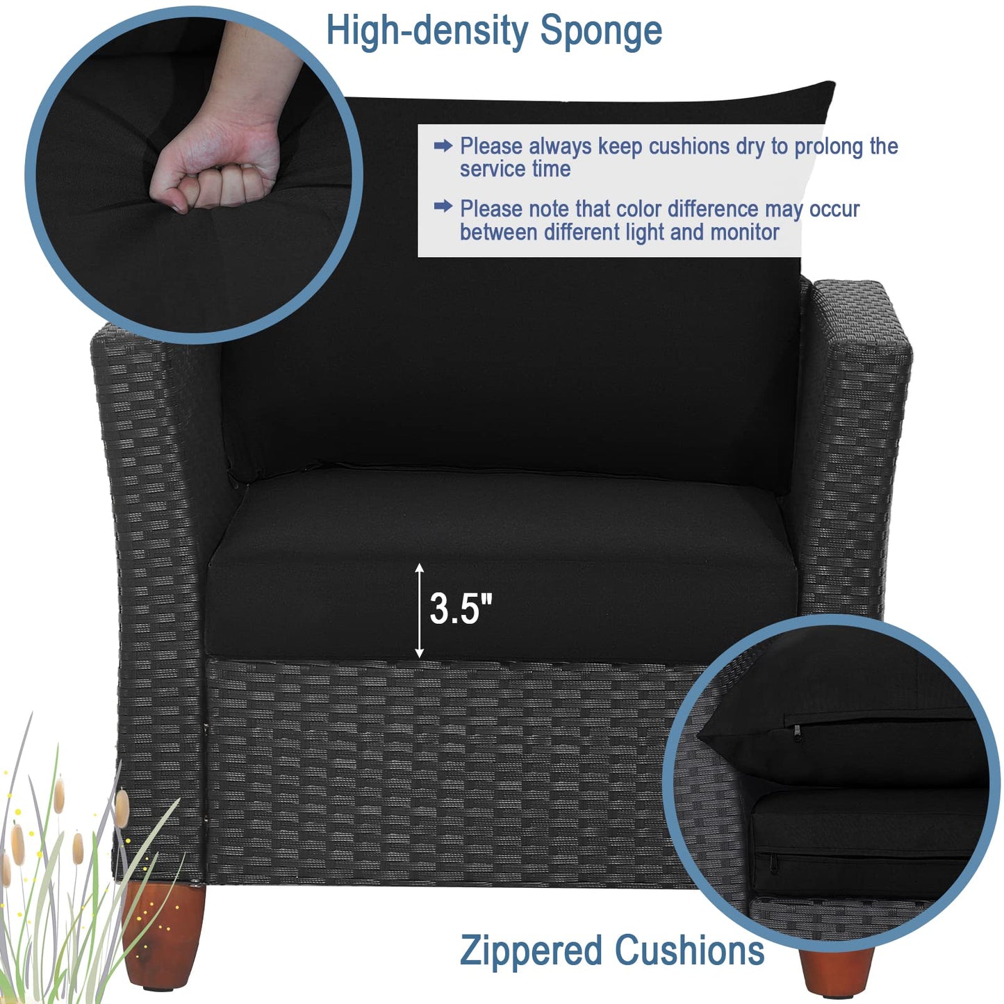 Tangkula 3 Pieces Patio Porch Furniture Set, PE Rattan Wicker Chair Conversation Set with Cushions and Storage Table