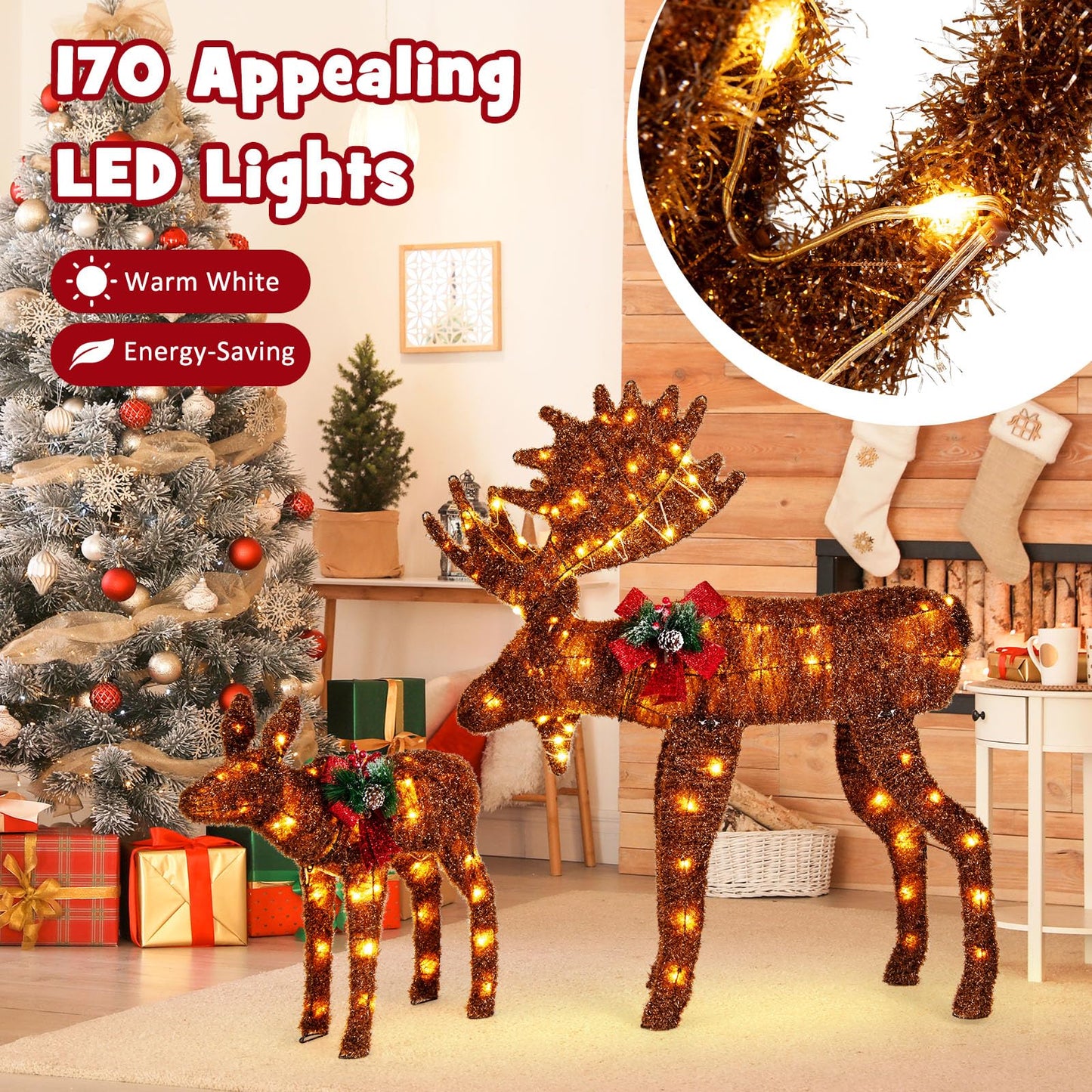 Tangkula 2-Piece Lighted Christmas Moose Family Set, Light-Up Reindeers with 170 Warm White LED Lights