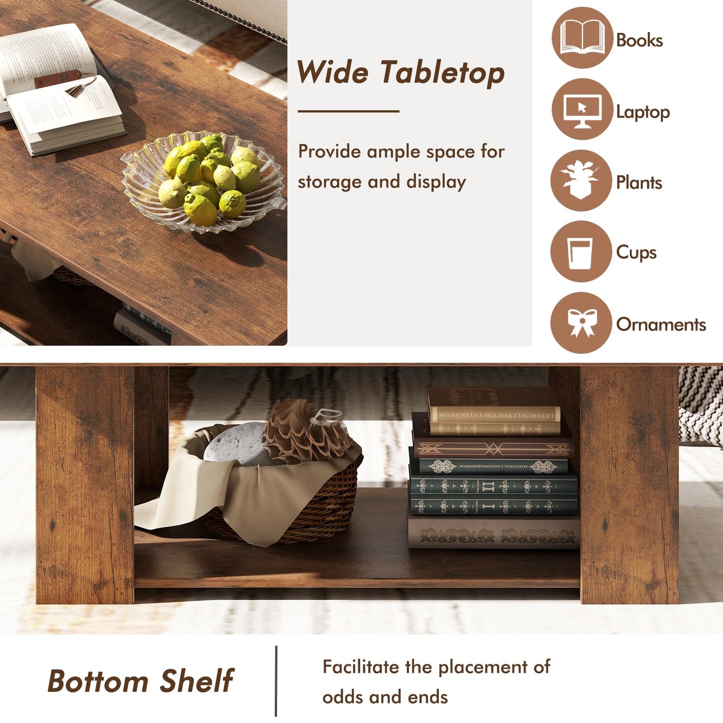 Tangkula 2-Tier Coffee Table, Modern Rectangular Center Cocktail Table with 5 Support Legs