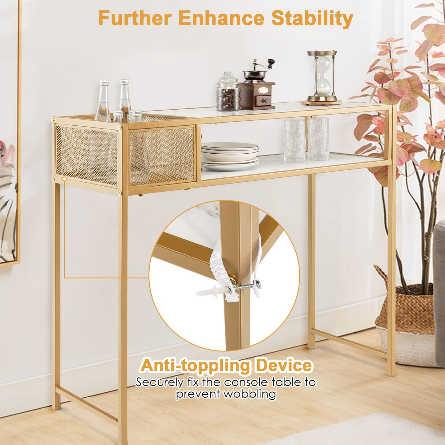 Tangkula Console Table, 2-Tier Faux Marble Sofa Table with Open Storage Shelf, Gold Steel Frame, Modern Entryway Table